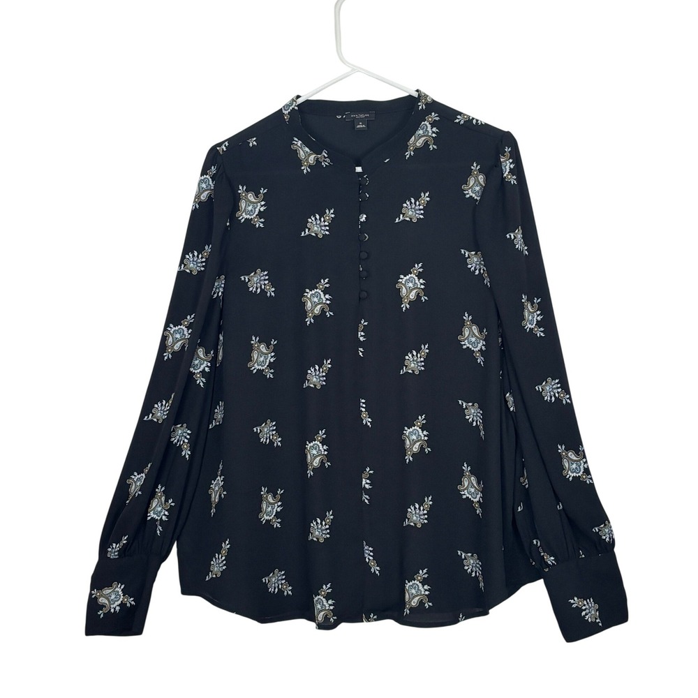 Ann Taylor Factory Black Floral Button-Front Blouse